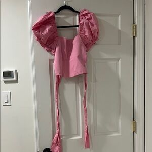 Zara Pink Puff-Sleeve Crop Top with Long Ties